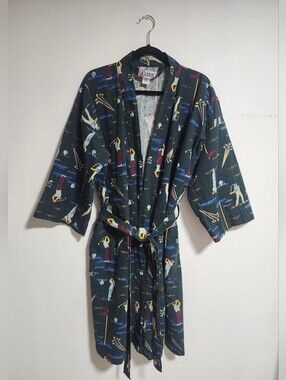 Vintage Men's Dark Green Patterned Yukata Golf Themed Robe with Belt